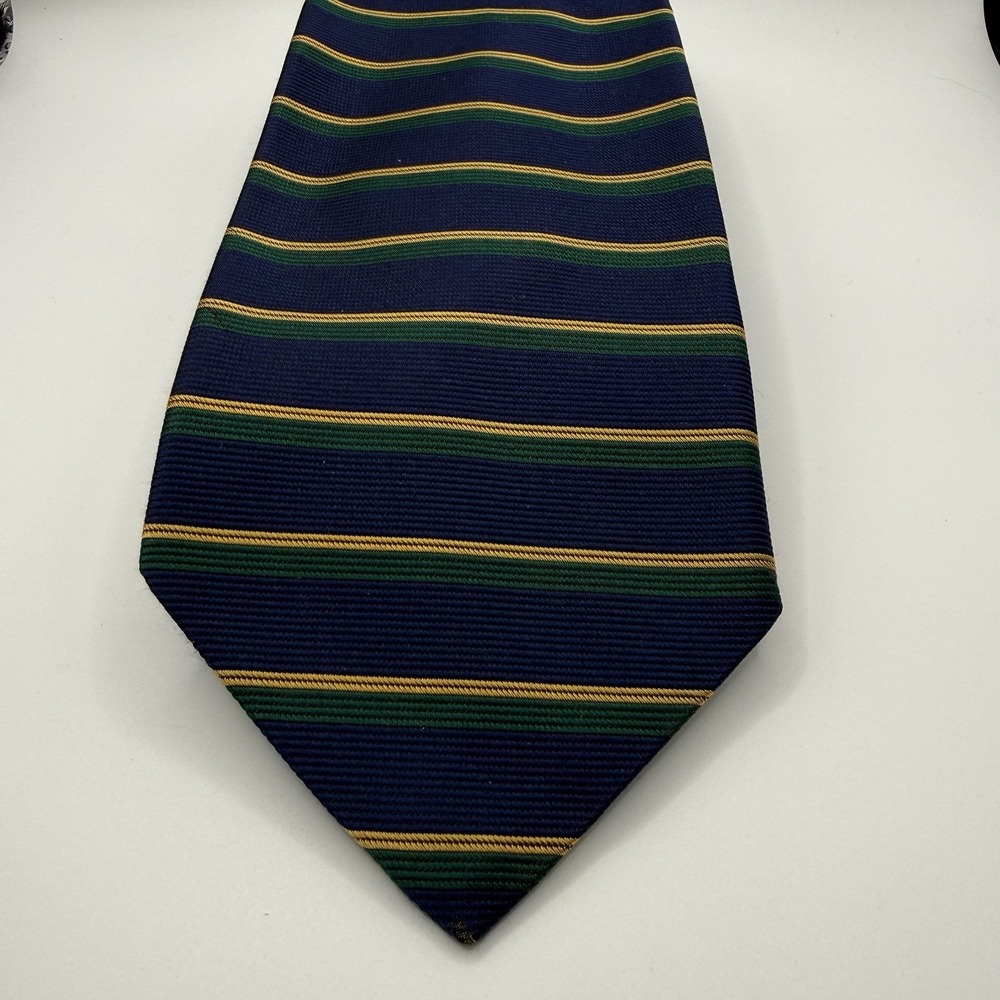 Brooks Brothers Makers 100% Silk Tie Navy Green Yellow Stripe 3.5" x‎ 58"
